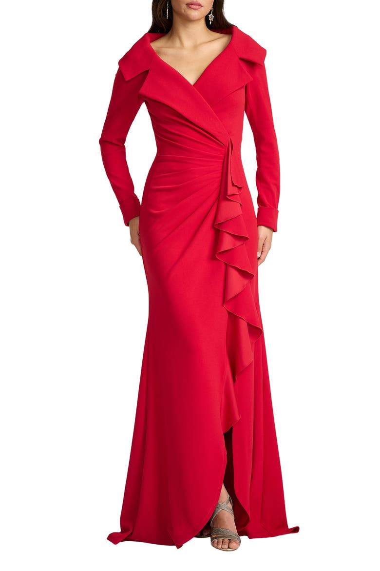 Cascade Ruffle Long Sleeve Gown, Main, color, RED ROCK