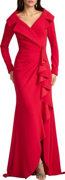 Tadashi Shoji Cascade Ruffle Long Sleeve Gown