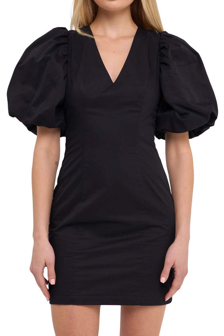 Cutout Puff Sleeve Cotton Minidress, Alternate, color, BLACK
