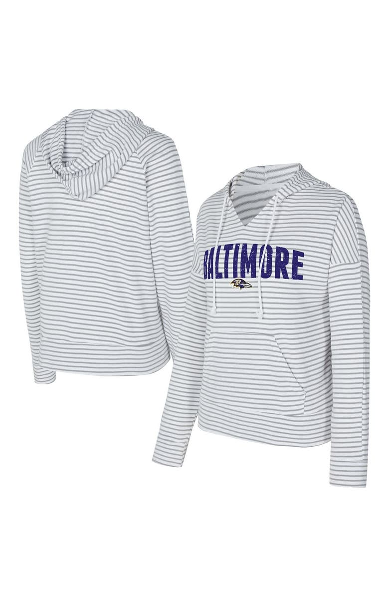 CONCEPTS SPORT Women's Concepts Sport White/Gray Baltimore Ravens Liftoff Striped V-Neck Hoodie, Alternate, color, White
