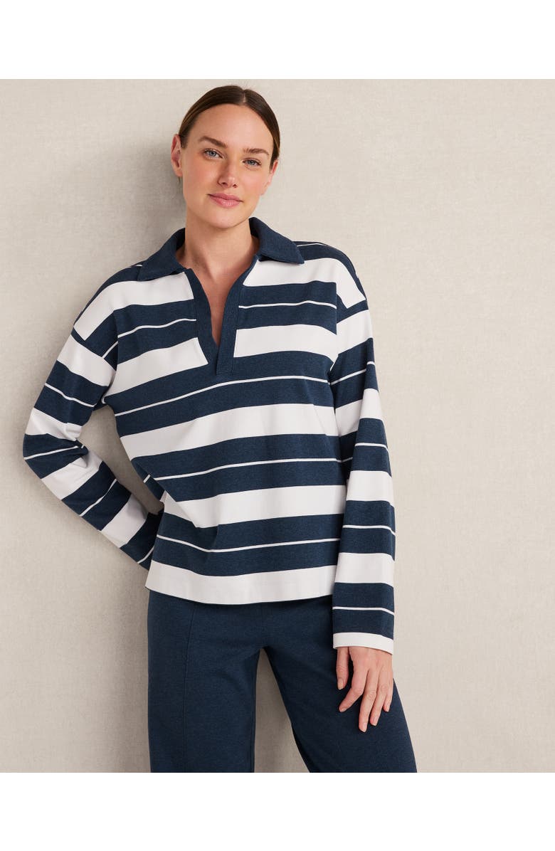 Haven Well Within Organic Cotton Interlock Stripe Johnny Collar Top, Main, color, Ivory/Twilight Heather