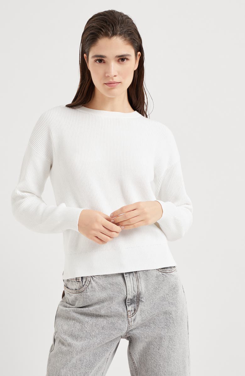 Brunello Cucinelli Cotton English rib sweater with monili, Alternate, color, 