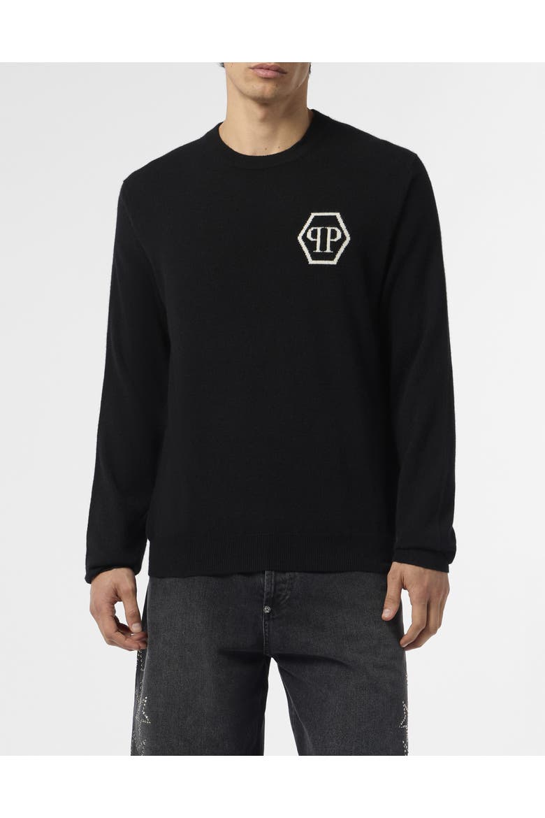 Cashmere Roundneck Pullover Jacquard Hexagon Men, Main, color, black