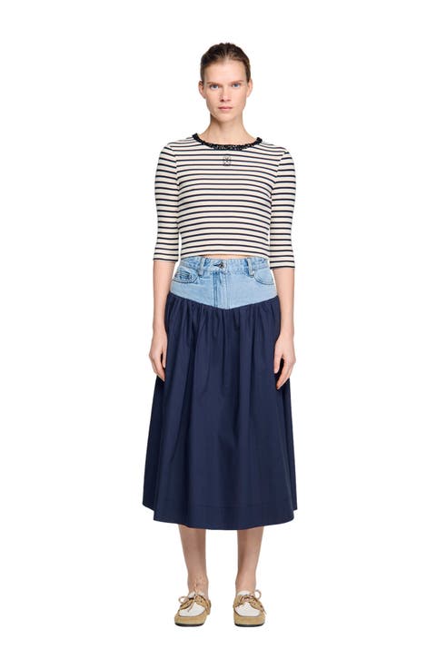 Short striped tee with beaded collar