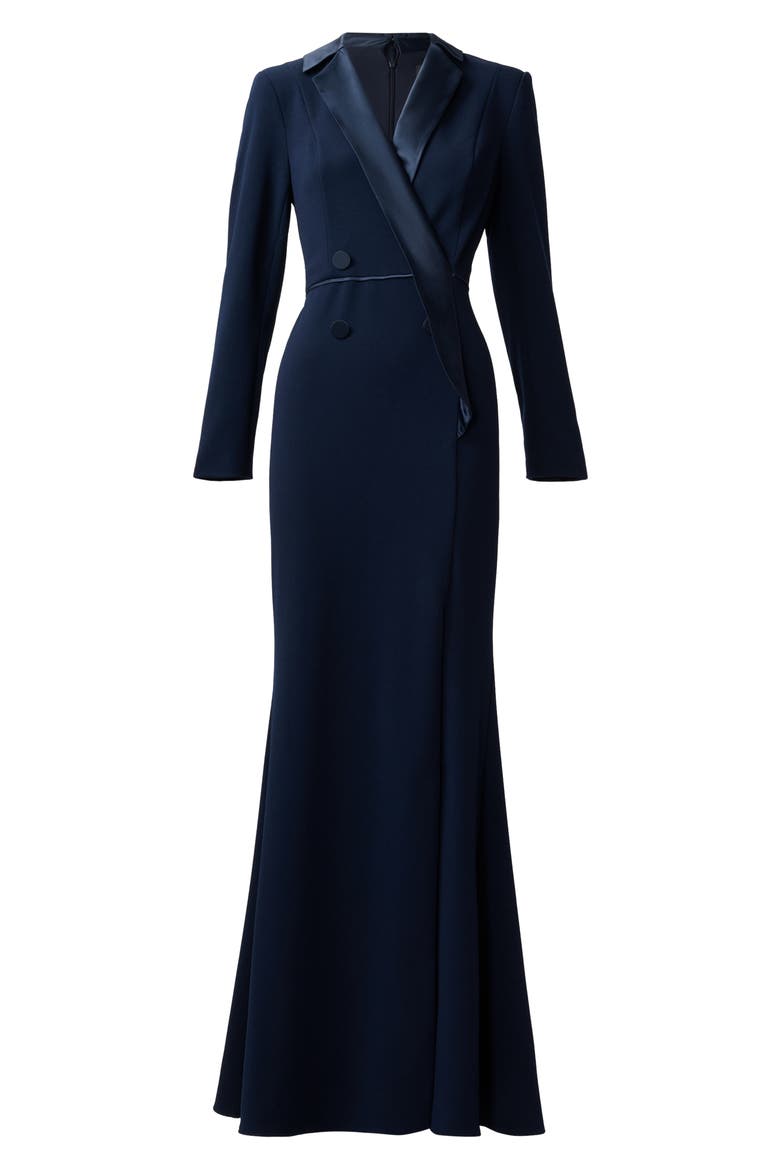 Crepe Long Sleeve Tuxedo Trumpet Gown, Alternate, color, MIDNIGHT