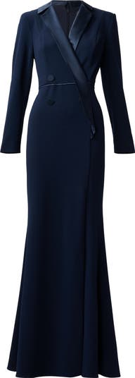 Adrianna Papell Crepe Long Sleeve Tuxedo Trumpet Gown