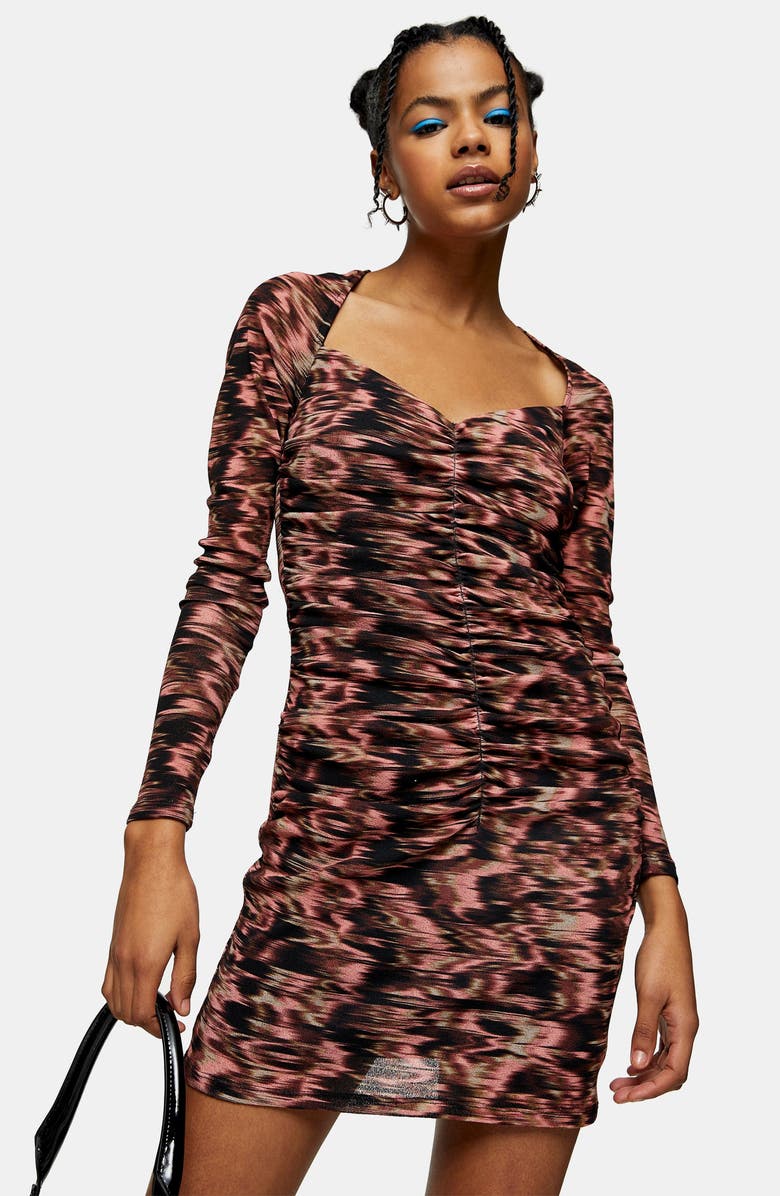 Topshop Ruched Tie Dye Long Sleeve Minidress, Alternate, color, 