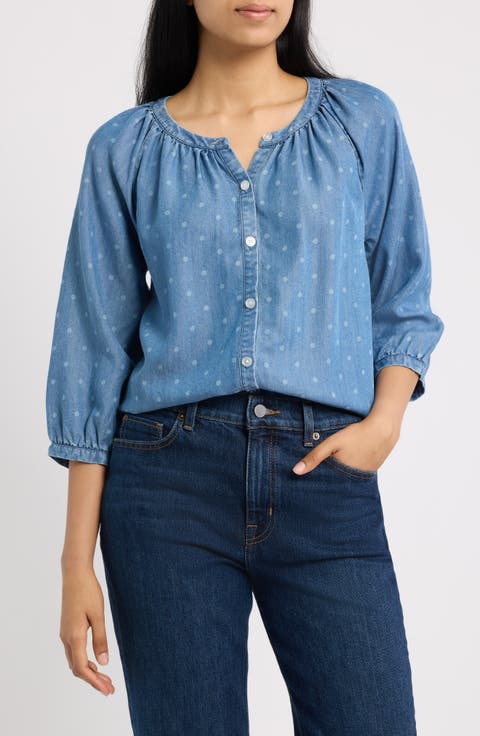 Smocked Neck Button-Up Top