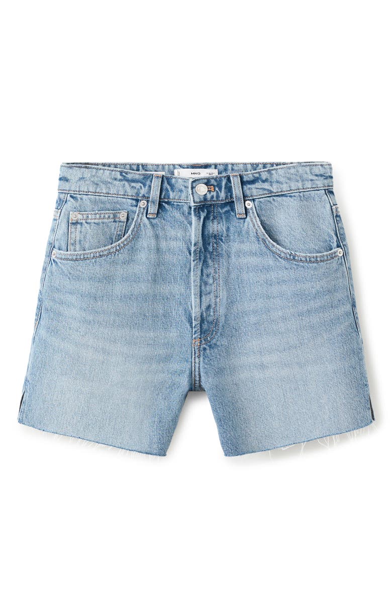 MANGO Frayed Side Slit Denim Shorts, Main, color, Medium Blue