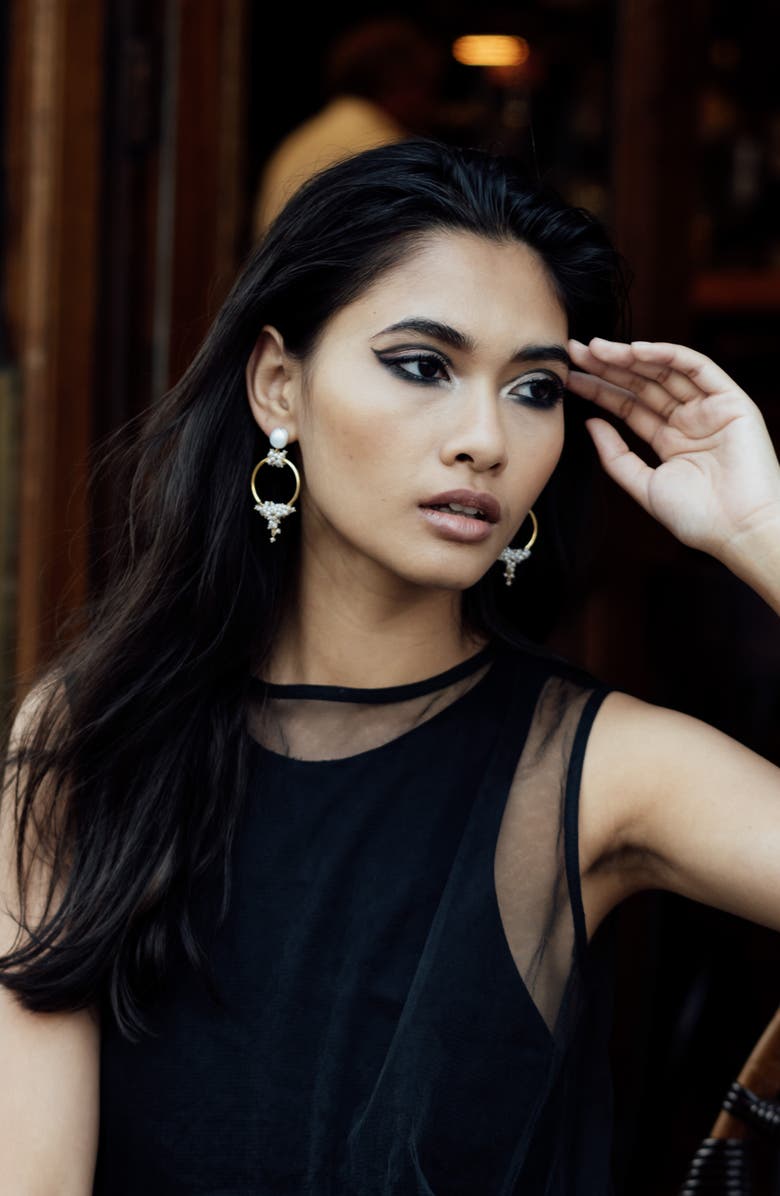 Freya Rose Seed and Baroque Pearl Mid Hoops, Alternate, color, Gold