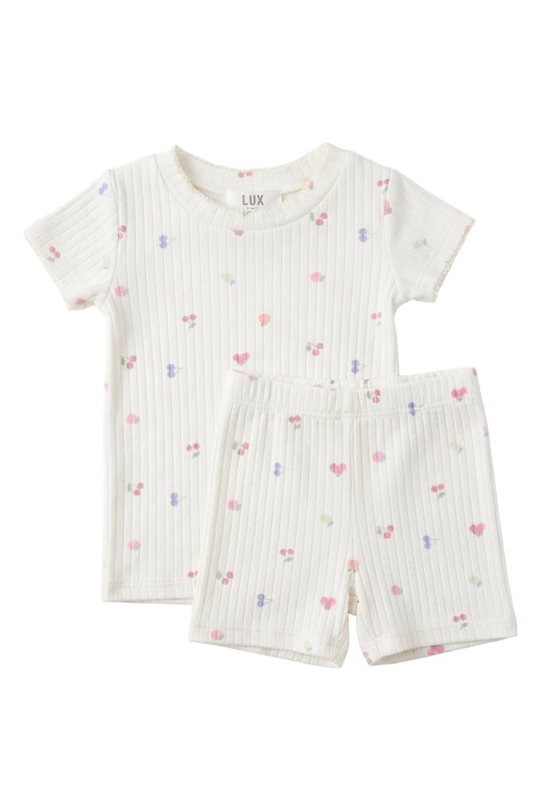 Girl Fruit Pointelle Scallop Trim Short Sleeve Top and Shorts Set, Main, color, Off White/Pink