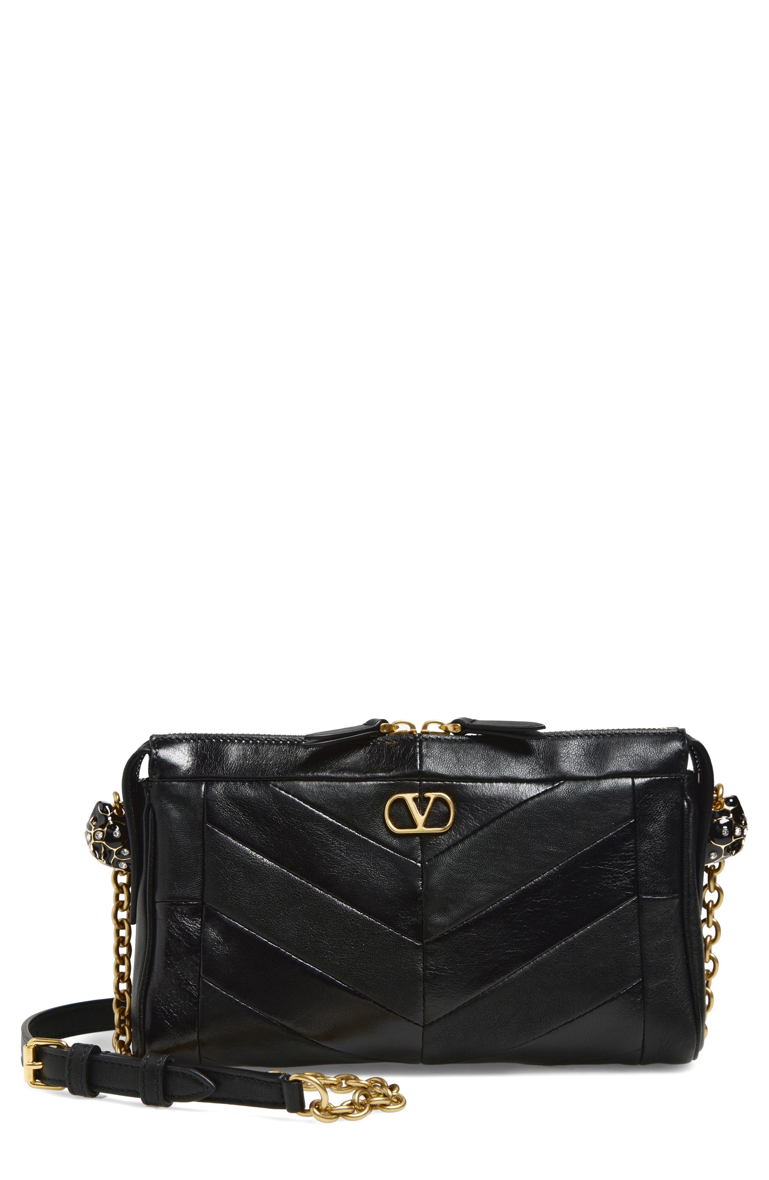 Valentino Garavani Small Panthea Chevron Patchwork Leather Shoulder Bag, Main, color, Black