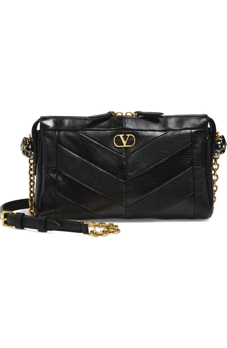 Valentino Garavani Small Panthea Chevron Patchwork Leather Shoulder Bag, Main, color, Black