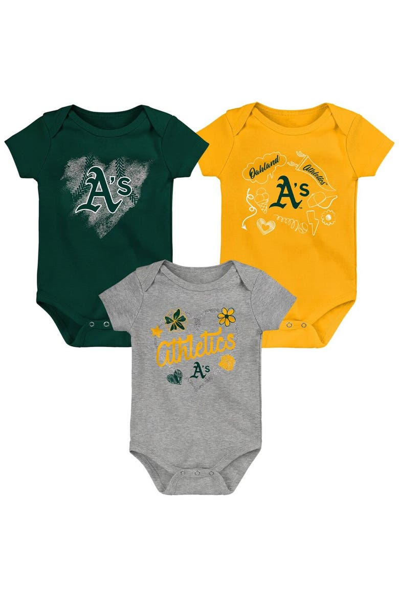 Infant Green/Gold/Gray Oakland Athletics Batter Up 3-Pack Bodysuit Set, Alternate, color, Green
