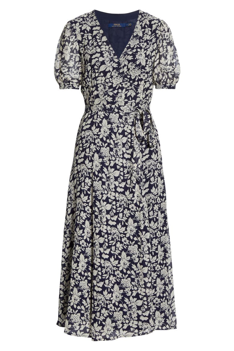 Floral Crepe Wrap Midi Dress, Alternate, color, NAVY FLORAL