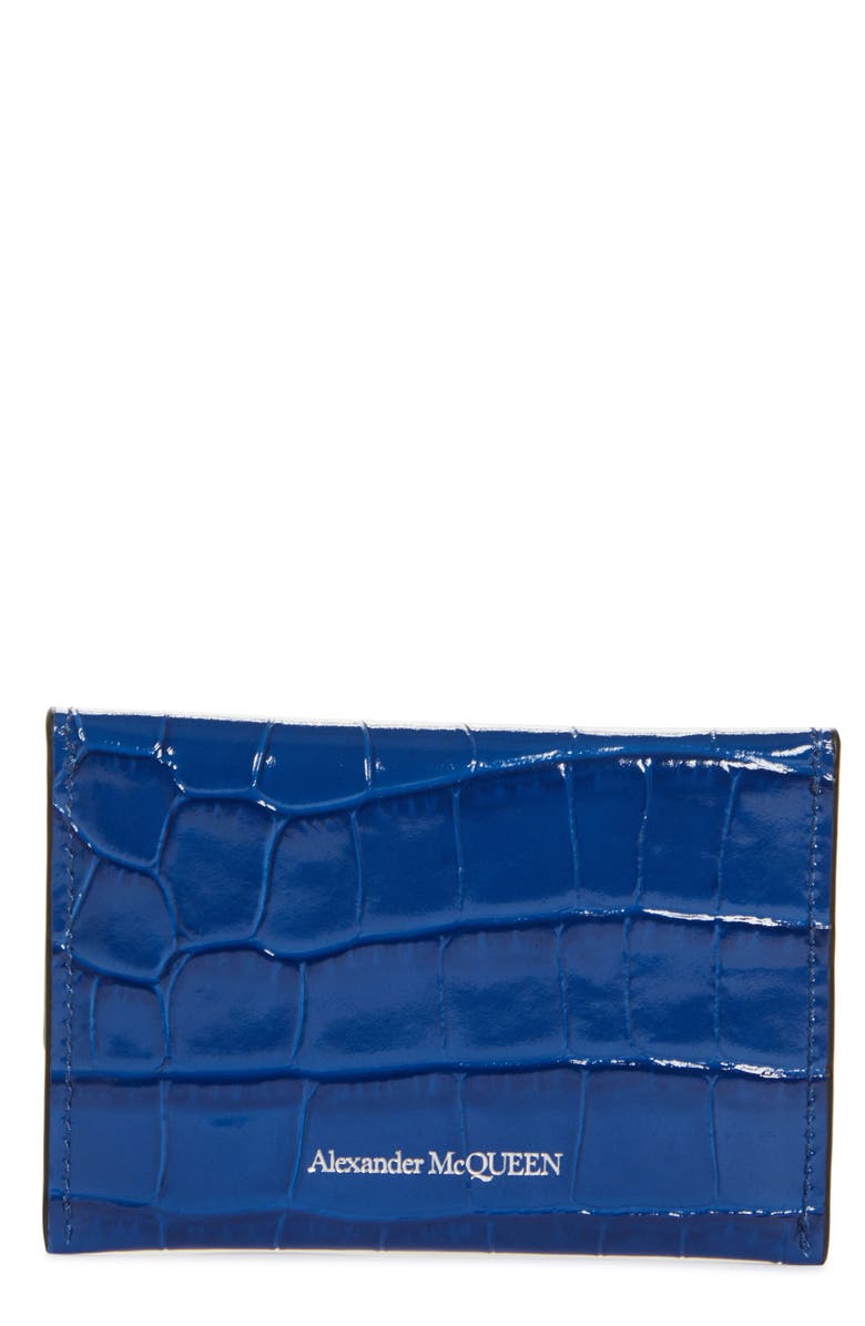 McQueen Skull Croc Embossed Leather Card Case, Alternate, color,