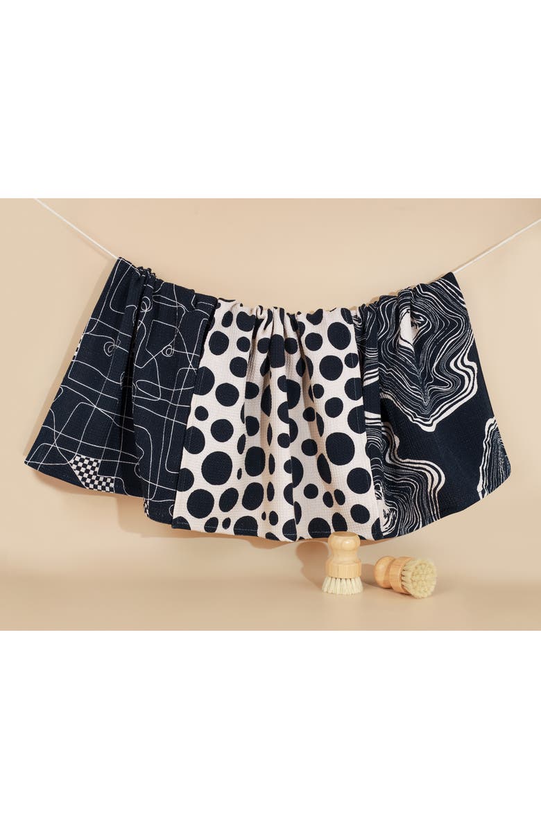 Tiramisu Set of Three Monochrome Abstract Kitchen Towels, Alternate, color, Black/ White