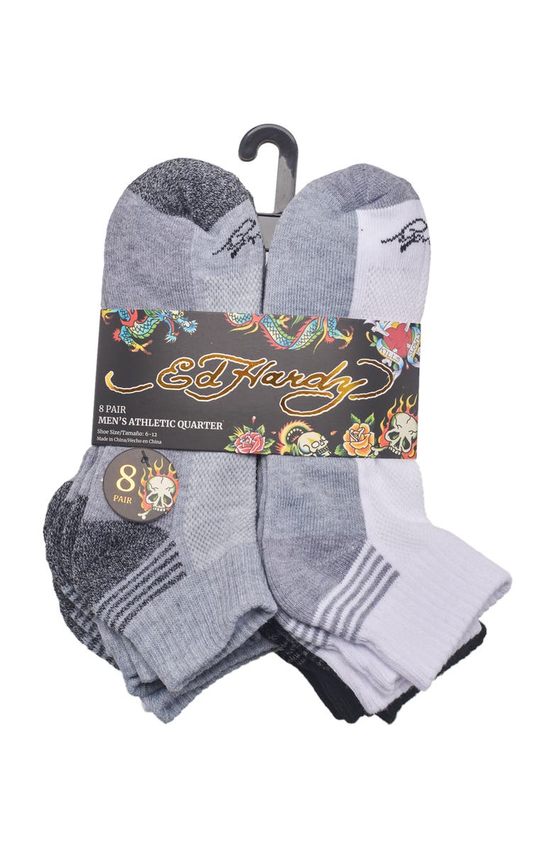 Ed Hardy Athletic Logo Half Cushion Quarter Sock 8-Pack, Alternate, color,