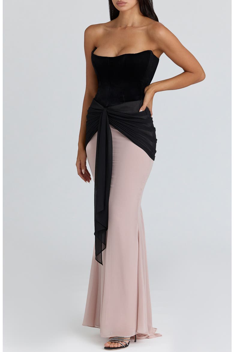 Clara Velvet & Chiffon Drape Corset Gown, Alternate, color, BLACK VELVET