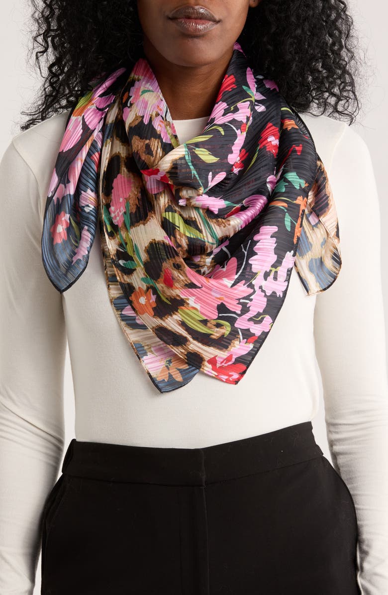 BCBG Ditsy Floral Animal Print Scarf, Main, color, Black/ Bright Floral