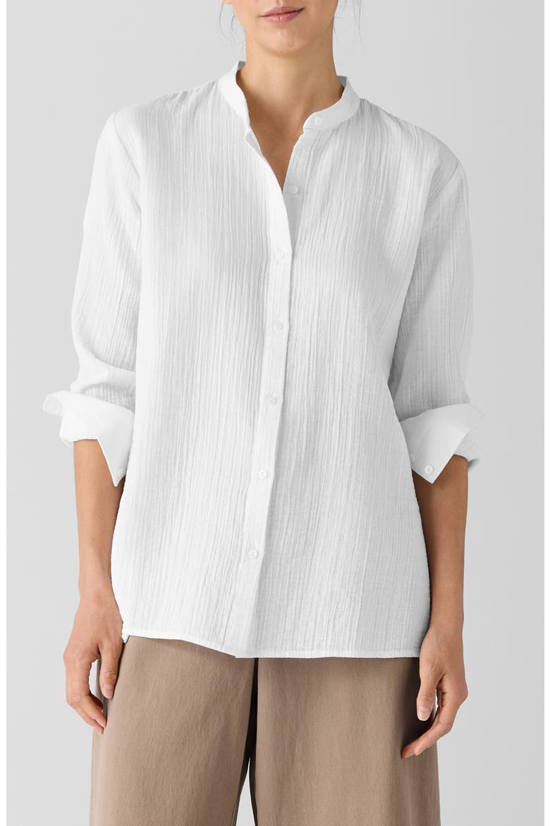 Mandarin Collar Textured Organic Cotton Button-Up Shirt, Main, color, WHITE