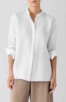 Eileen Fisher Mandarin Collar Textured Organic Cotton Button-Up Shirt
