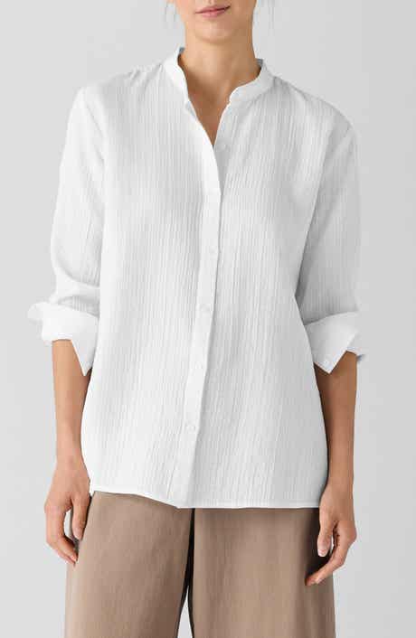 Eileen Fisher Mandarin Collar Textured Organic Cotton Button-Up Shirt