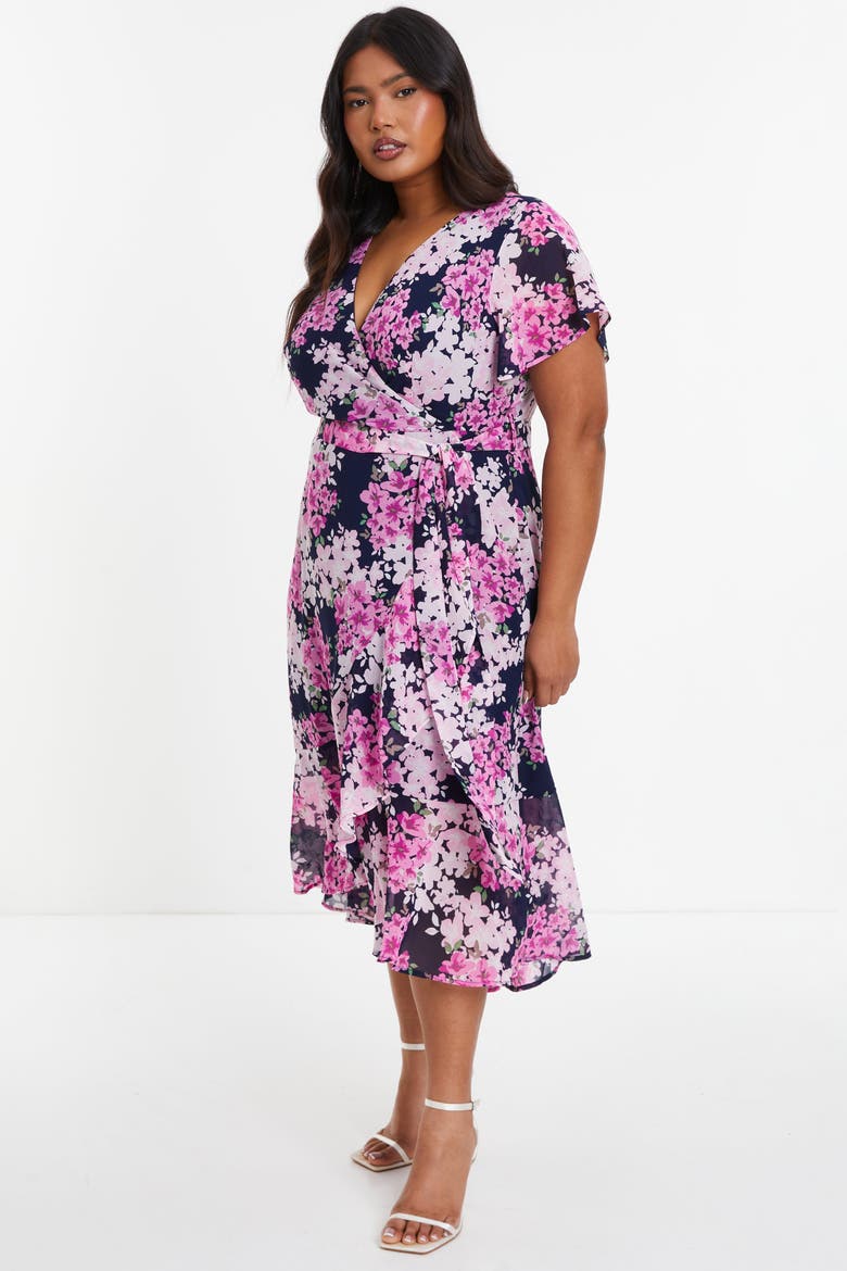 Floral Print Midi Dip Hem Dress, Alternate, color, Blue