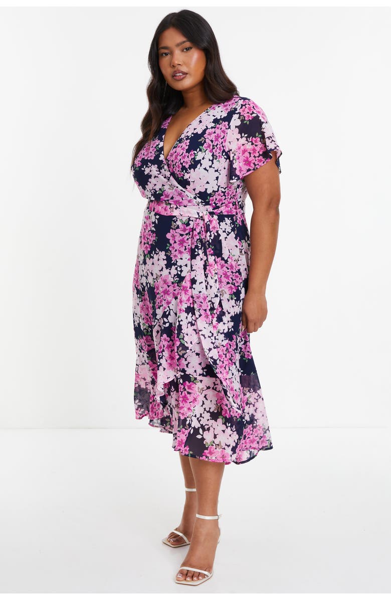 QUIZ Floral Print Midi Dip Hem Dress, Alternate, color, 