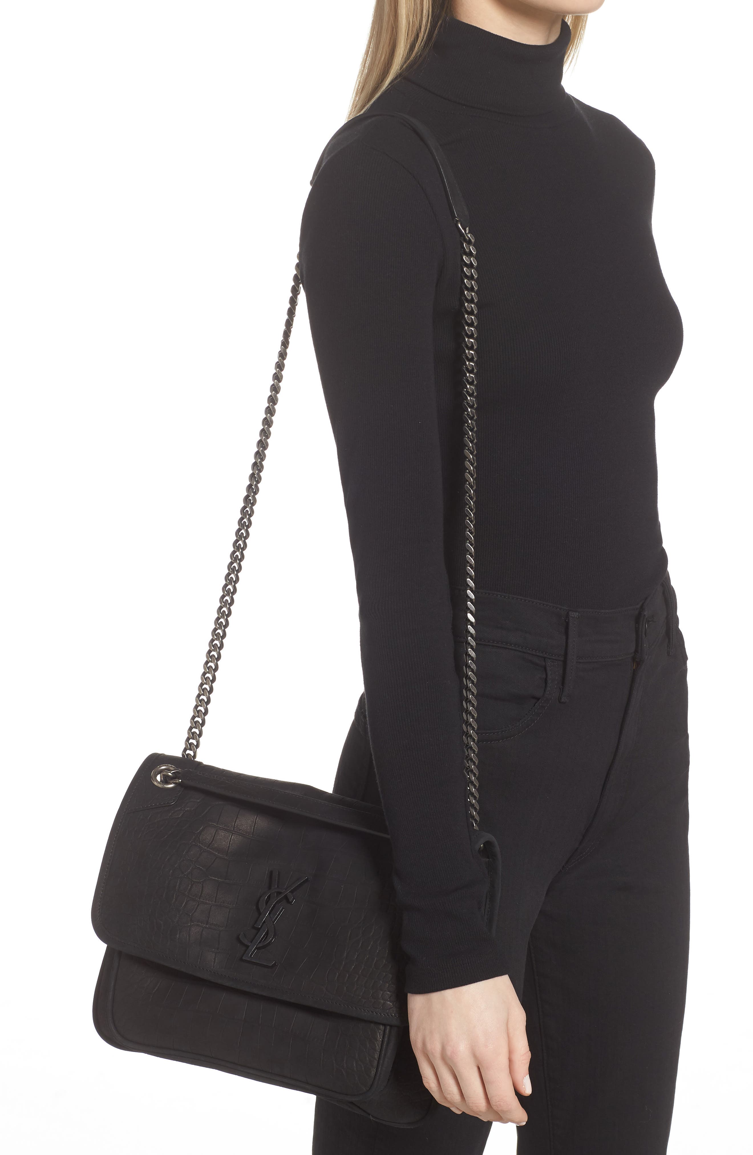Saint Laurent Medium Niki Croc-Embossed Shoulder Bag, Alternate, color, 