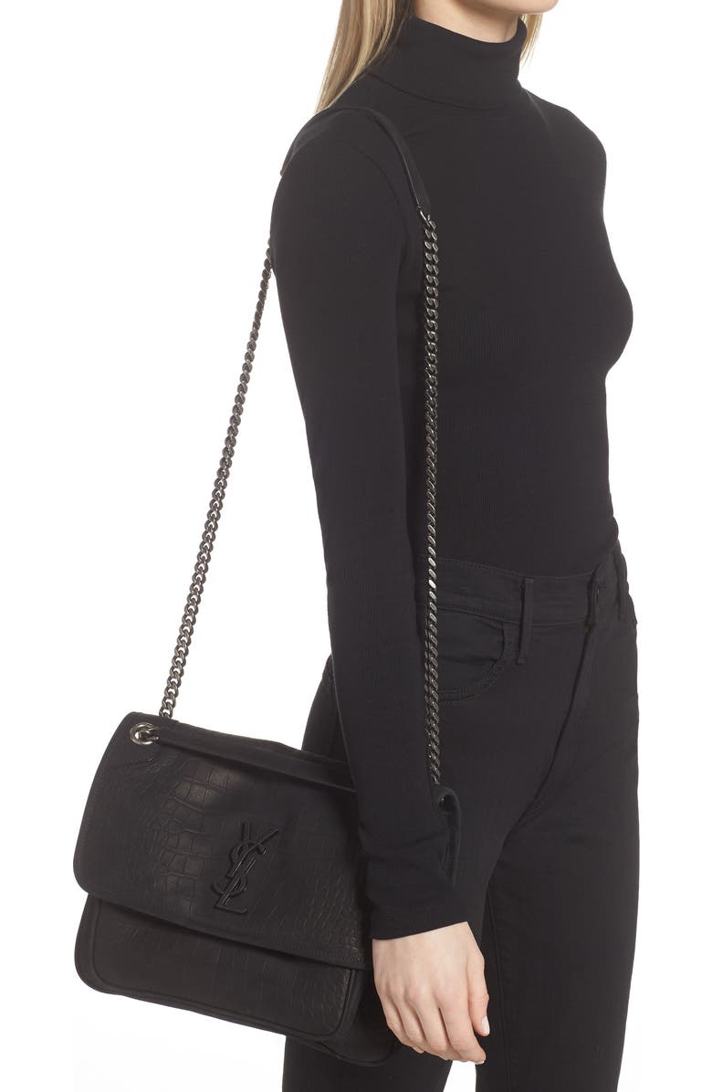 Saint Laurent Medium Niki Croc-Embossed Shoulder Bag, Alternate, color,