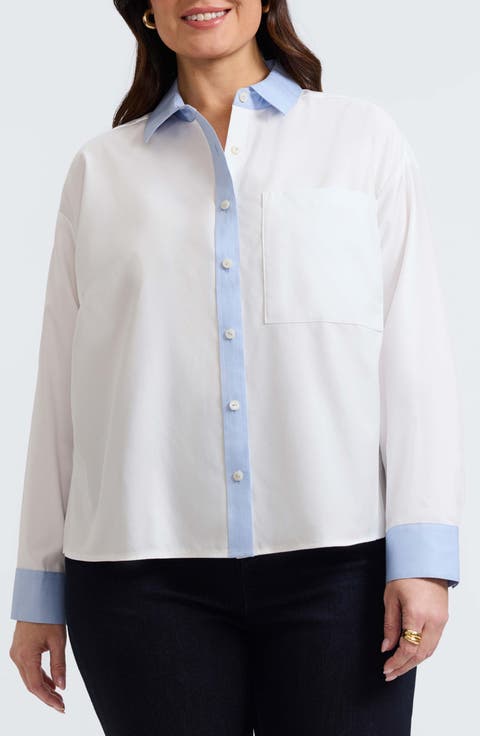 Marina Contrast Trim Cotton Button-Up Shirt (Plus)