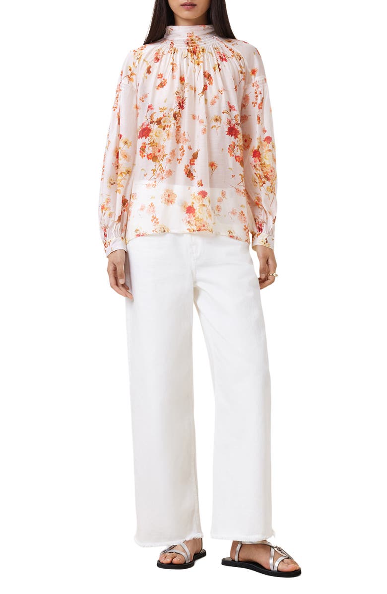 AllSaints Perla Floral Print Long Sleeve Woven Shirt, Alternate, color, Armada White