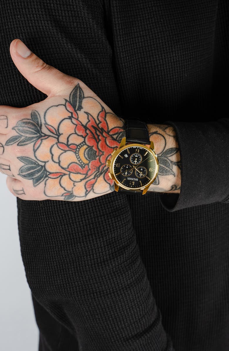 BALMAIN WATCHES Madrigal Chronograph Leather Strap Watch, 42mm, Alternate, color, Black