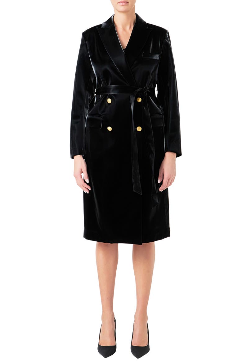 Double Breasted Faux Leather Trench Coat, Main, color, BLACK