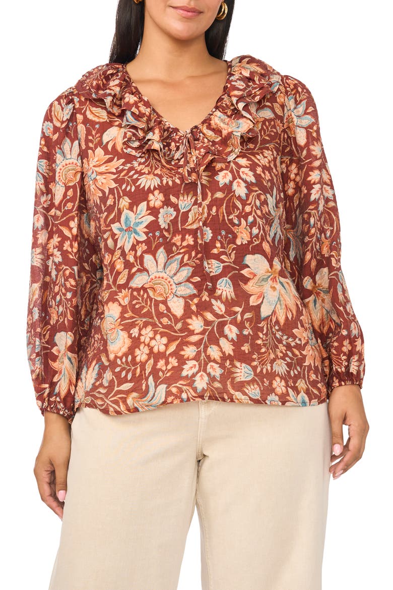 Ruffle V-Neck Top, Main, color, RUSSET BROWN