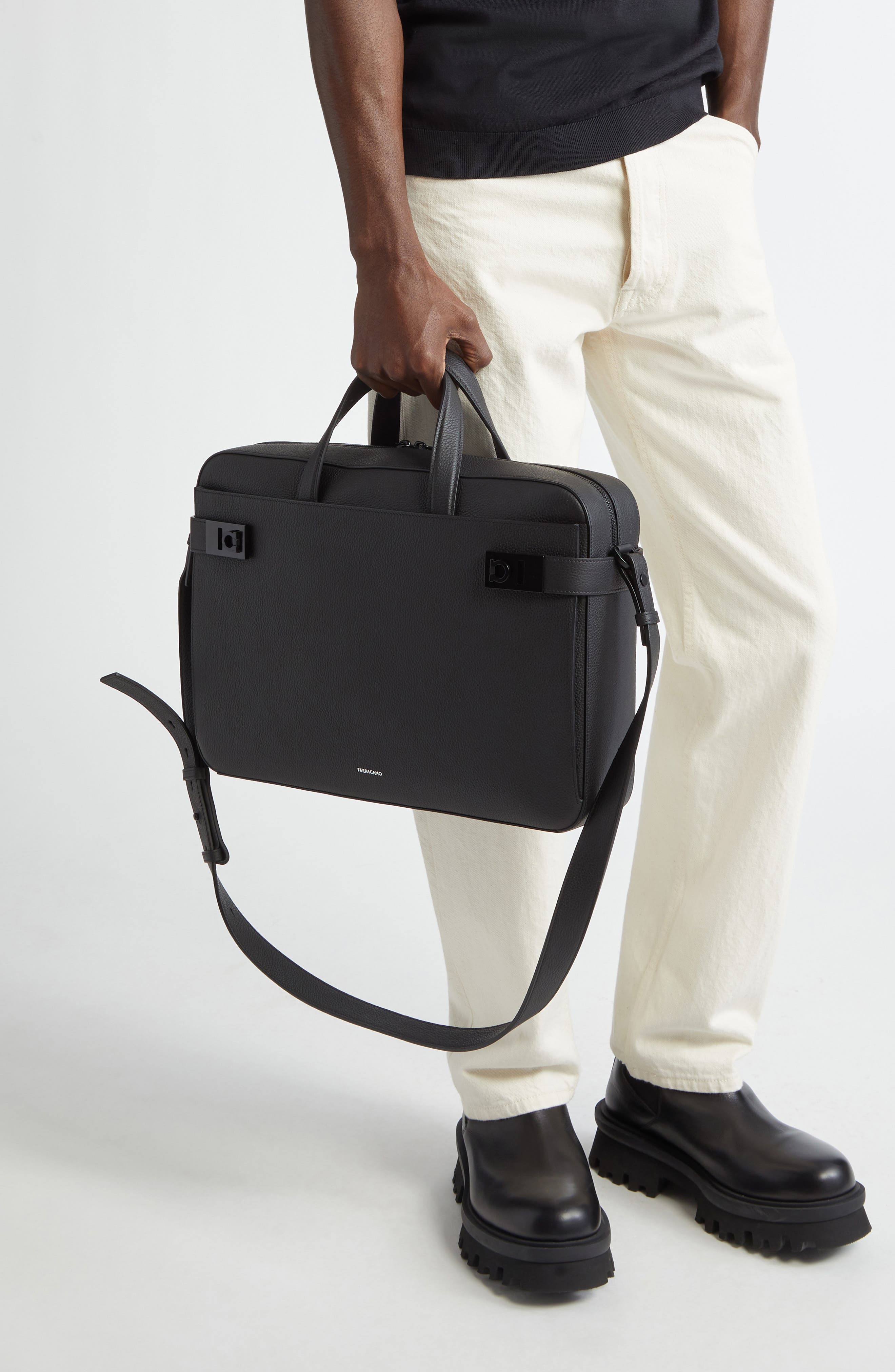 FERRAGAMO Twins Leather Briefcase, Alternate, color, 