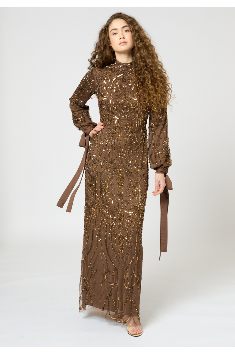 Modest Embellished Sequin Beaded Dress Maxi With Ribbon Design Sleeves, Alternate, color, CHOCOLATE