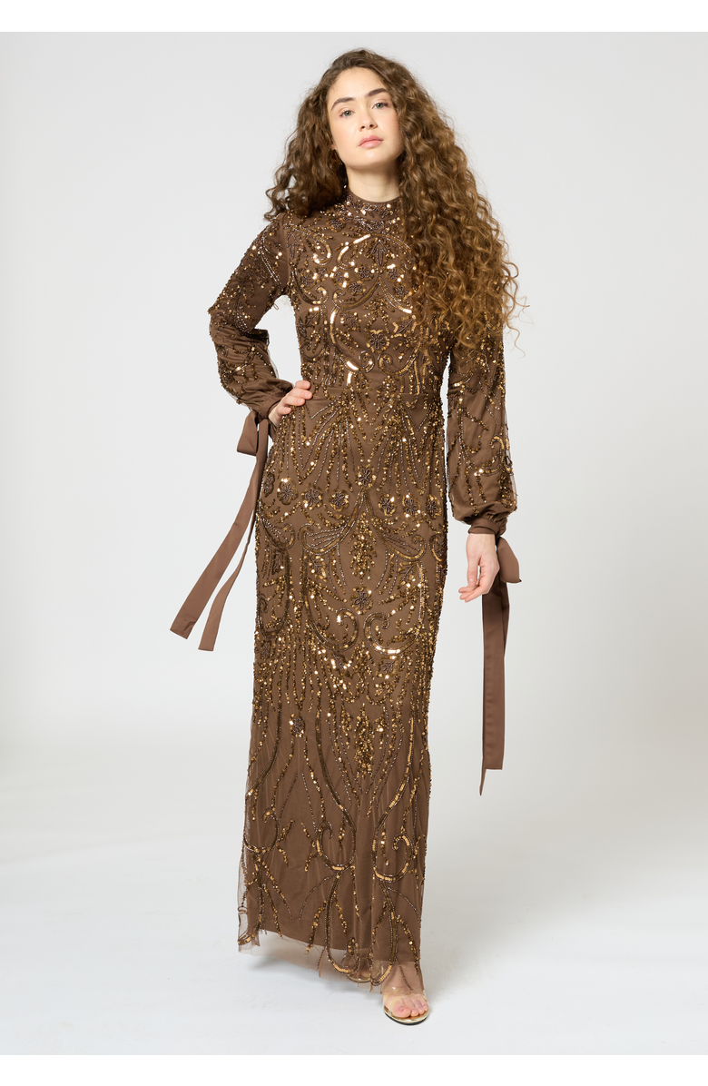 MARYISA Modest Embellished Sequin Beaded Dress Maxi With Ribbon Design Sleeves, Alternate, color, Chocolate