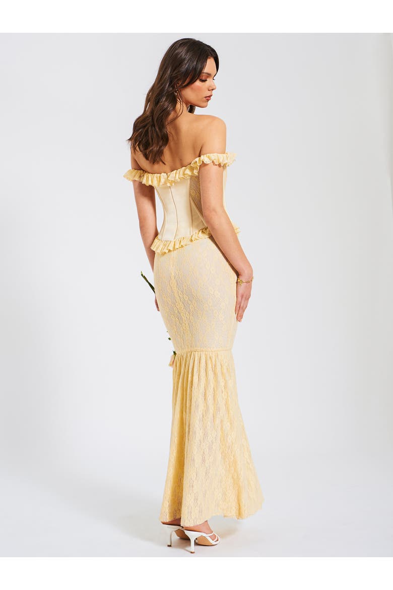Ersilia Satin Lace Peplum Corset Off Shoulder Maxi Dress, Alternate, color, Pale Yellow