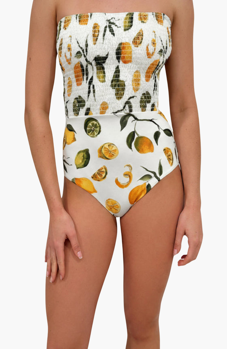 Hermoza Kate Smocked Bandeau One-Piece, Main, color, Slice Of Life