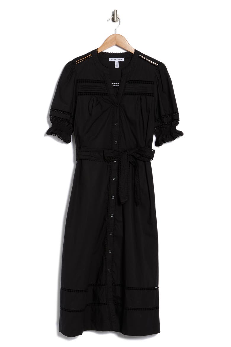 Rickrack Trim Puff Sleeve Cotton Poplin Dress, Alternate, color, BLACK