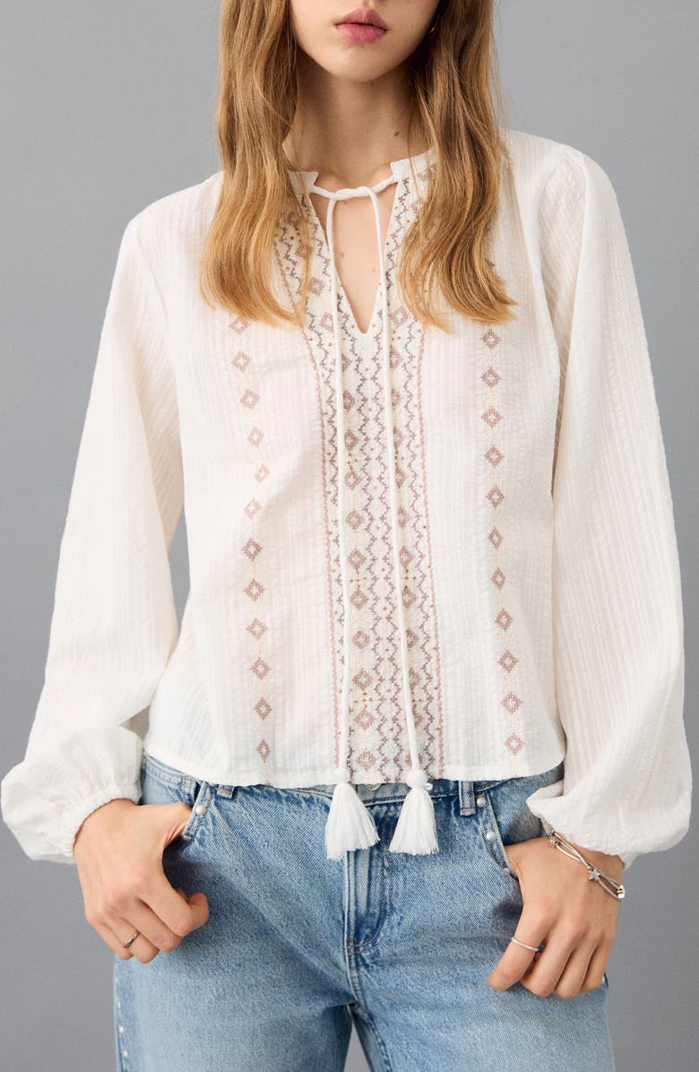 MANGO TEEN Embroidered Cotton Seersucker Top, Main, color, Off White