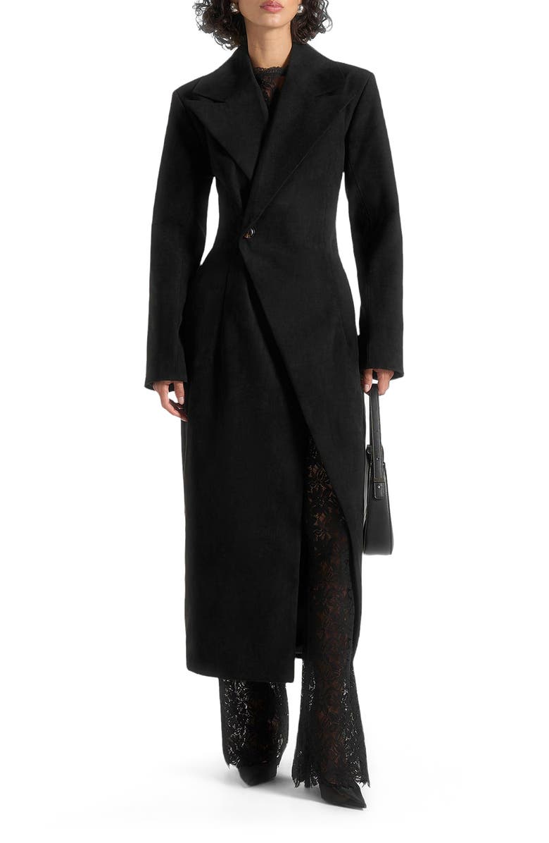 Manière De Voir Esma Suede Asymmetric Coat with Cinch Belt, Alternate, color, Black