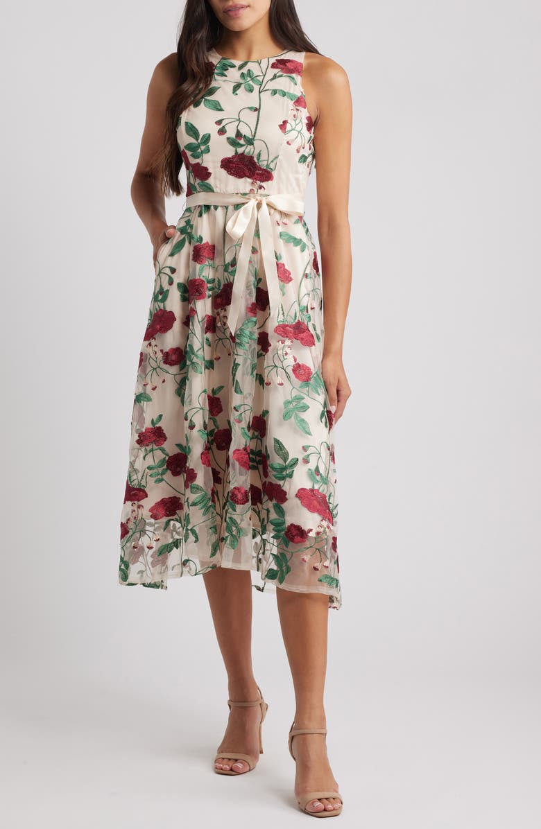 Tahari ASL Embroidered Midi Cocktail Dress, Main, color, Nude Sangria
