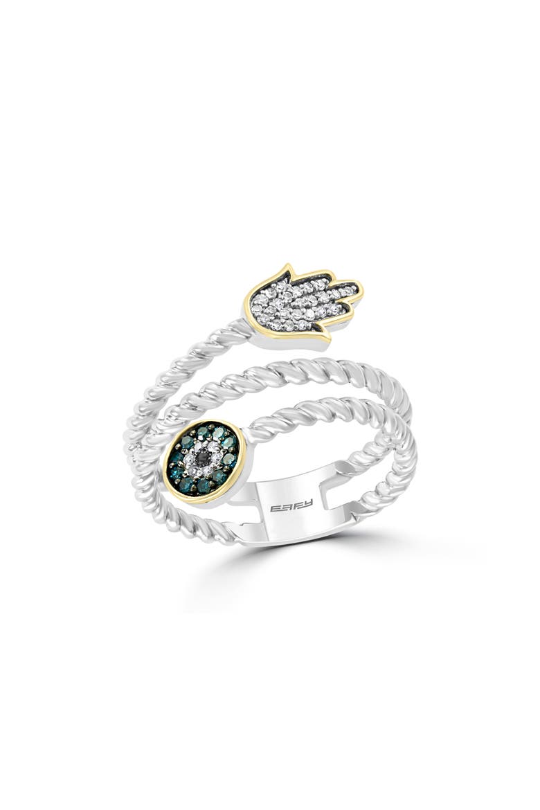 Sterling Silver & 14K Gold Hamsa & Evil Eye Diamond Ring - 0.17ct., Main, color, BLUE