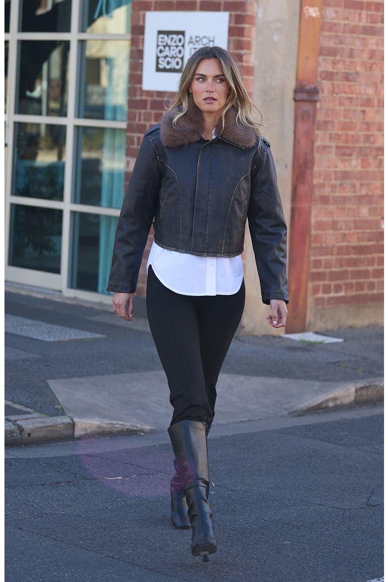 Rowan Faux Leather Jacket with Detachable Faux Fur Collar, Alternate, color, DARK BROWN