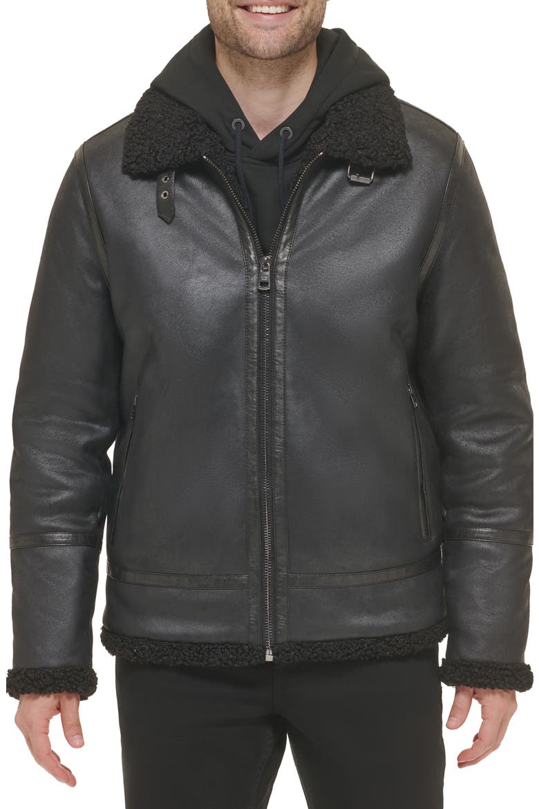 Faux Suede & Faux Shearling Jacket, Main, color, BLACK