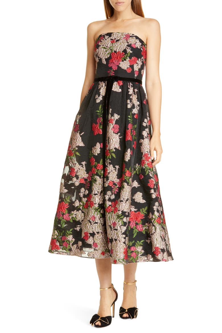 Floral Embroidered Strapless Midi Dress, Main, color, BLACK