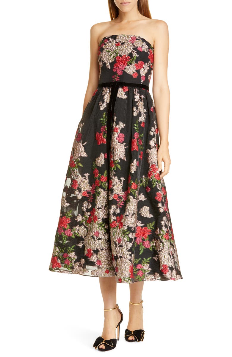 Marchesa Notte Floral Embroidered Strapless Midi Dress, Main, color, 
